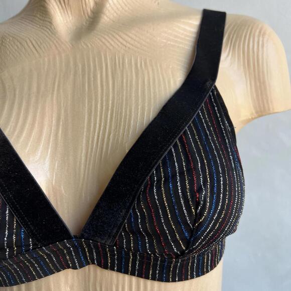 Icone Simons Medium Black Multi Colored Striped T-Shirt Bra Velvet Trim Metallic - Picture 5 of 15